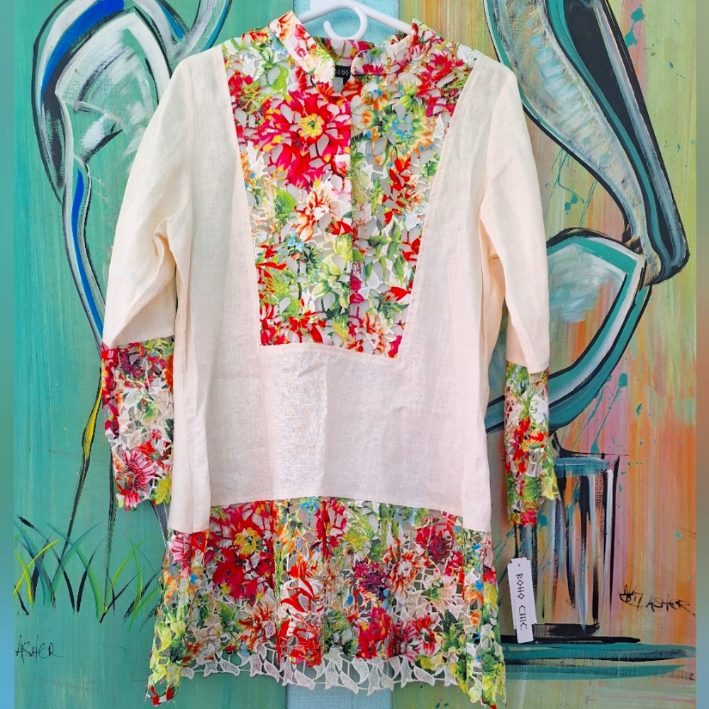 NWT Boho Chic Colorful floral lace linen hippy Shirt flowers 💐